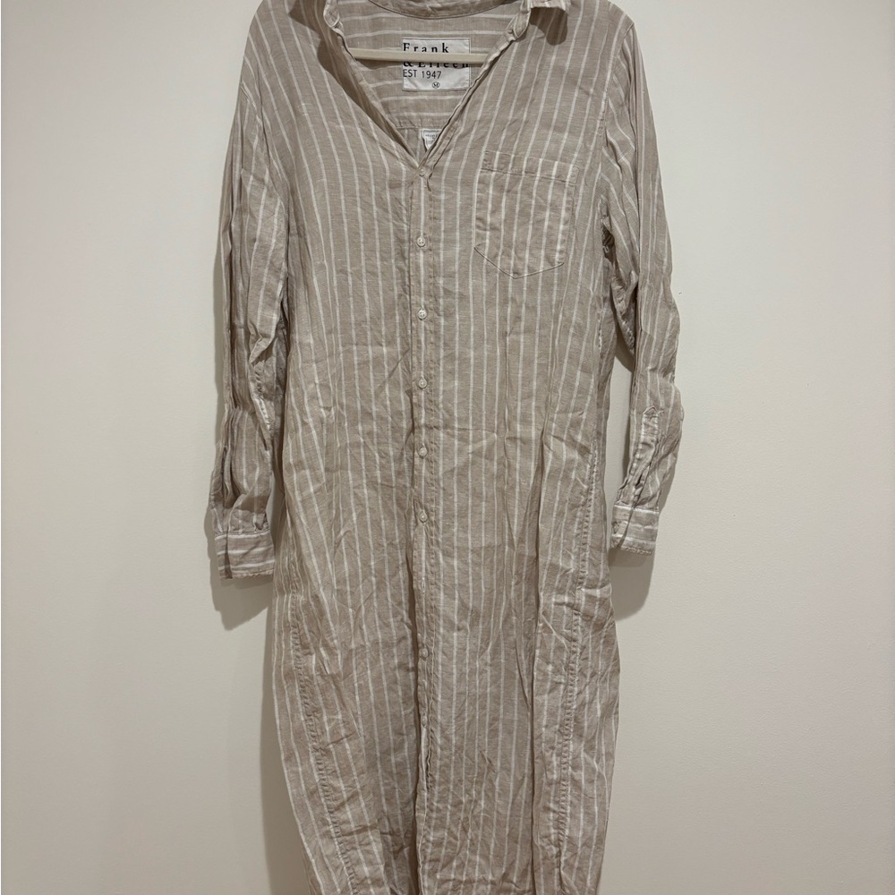 Frank & Eileen Rory Beige Stripe Linen Shirt Dress | Medium